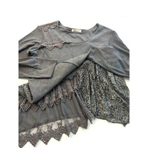 Indigo Soul Tunic Top Women L Lace Trim Asymmetrical Hem Lg Sleeve Fairy Goth